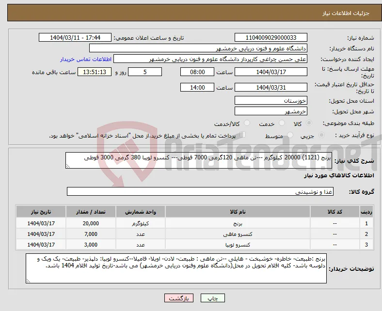نیاز انتخاب تامین کننده-برنج (1121) 20000 کیلوگرم ---تن ماهی 120گرمی 7000 قوطی--- کنسرو لویبا 380 گرمی 3000 قوطی 