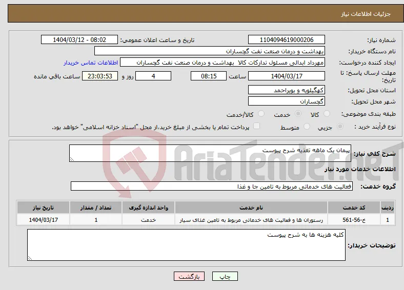 نیاز انتخاب تامین کننده-پیمان یک ماهه تغذیه شرح پیوست