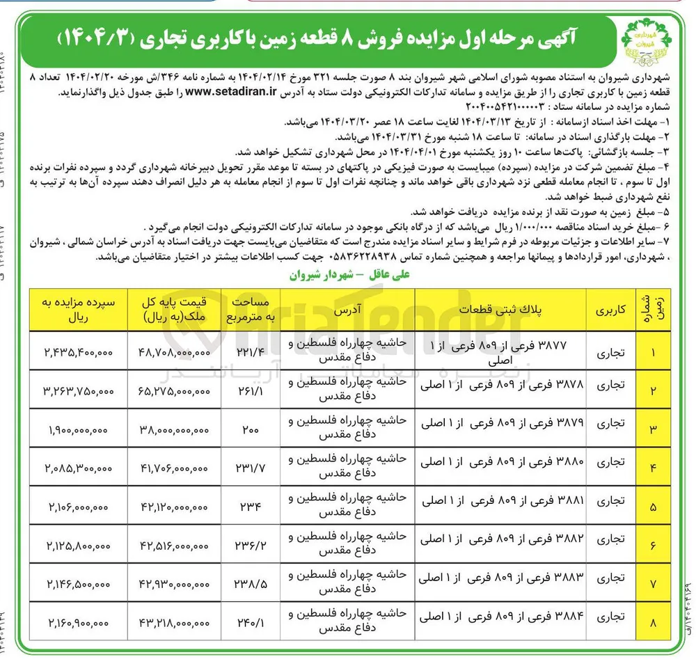  فروش ۸ قطعه زمین با کاربری تجاری