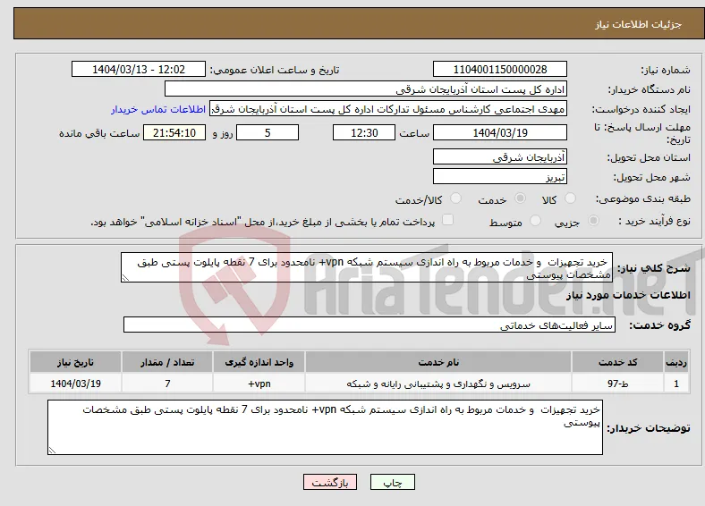 نیاز انتخاب تامین کننده- خرید تجهیزات و خدمات مربوط به راه اندازی سیستم شبکه vpn+ نامحدود برای 7 نقطه پایلوت پستی طبق مشخصات پیوستی 
