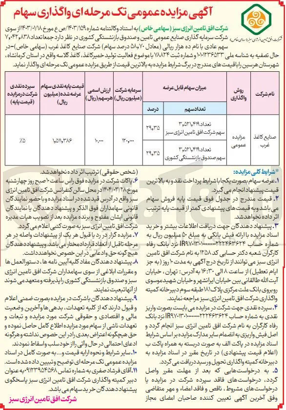 فروش  جمعا تعداد ۷,۰۴۲,۸۳۸ سهم عادی با نام ده هزار ریالی ( معادل ۵۸,۷۰ درصد سهام) شرکت صنایع کاغذ غرب