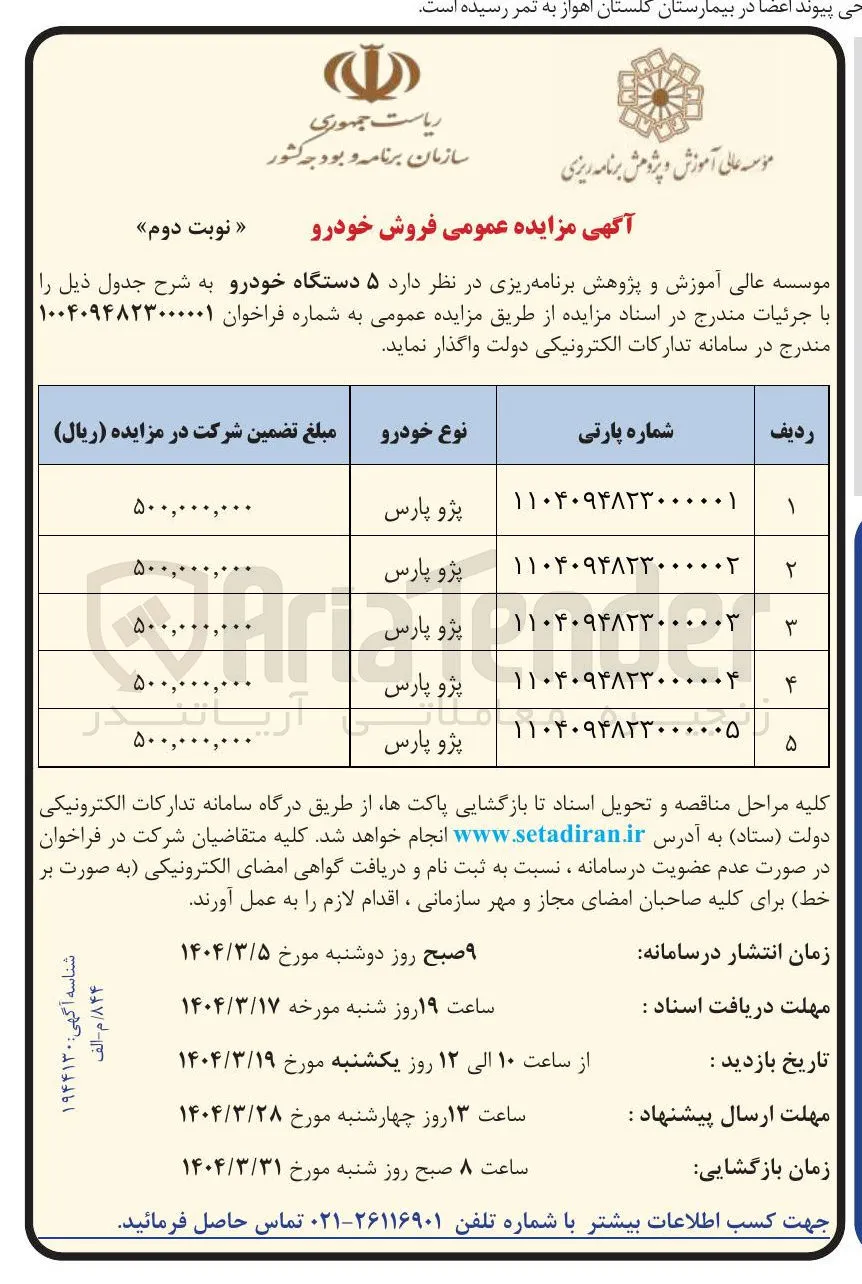 فروش 5 دستگاه خودرو پژو پارس