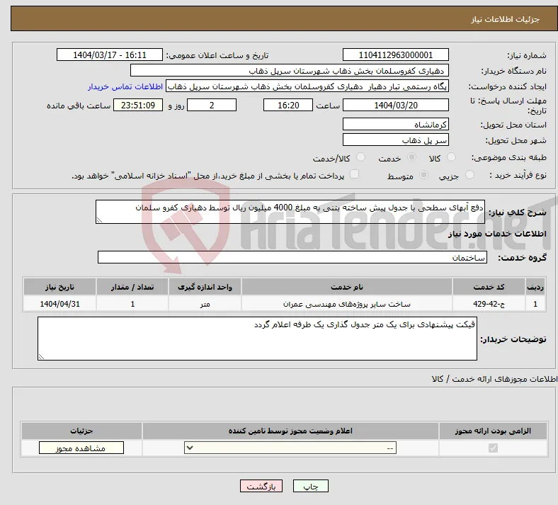 نیاز انتخاب تامین کننده-دفع آبهای سطحی با جدول پیش ساخته بتنی به مبلغ 4000 میلیون ریال توسط دهیاری کفرو سلمان 