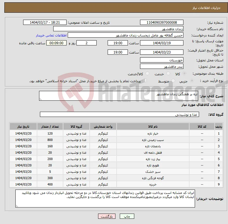 نیاز انتخاب تامین کننده-تره بر هفتگی زندان ماهشهر