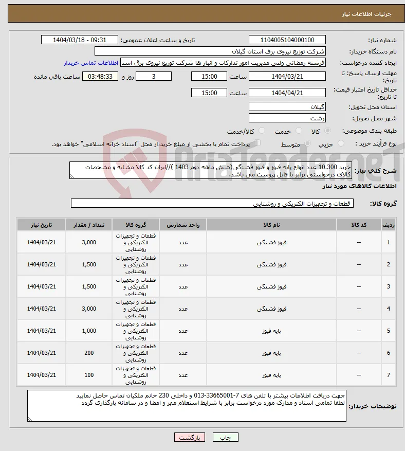 نیاز انتخاب تامین کننده-خرید 10.300 عدد انواع پایه فیوز و فیوز فشنگی(شش ماهه دوم 1403 )//ایران کد کالا مشابه و مشخصات کالای درخواستی برابر با فایل پیوست می باشد.