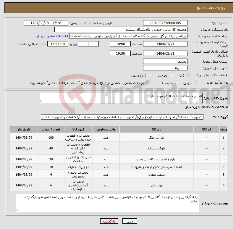 نیاز انتخاب تامین کننده-انجام خدمات ساخت اقلام مورد نیاز