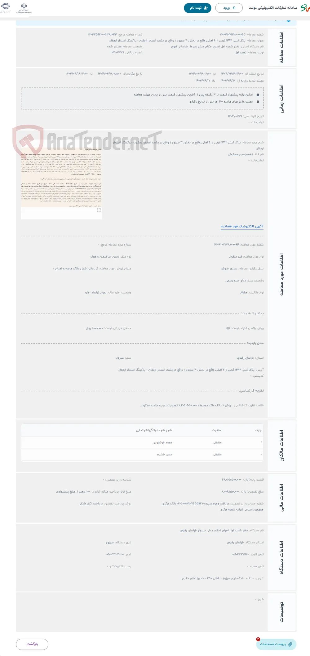 حراج پلاک ثبتی 1492 فرعی از 6 اصلی واقع در بخش 3 سبزوار ( واقع در پشت استخر ارمغان - پارکینگ استخر ارمغان