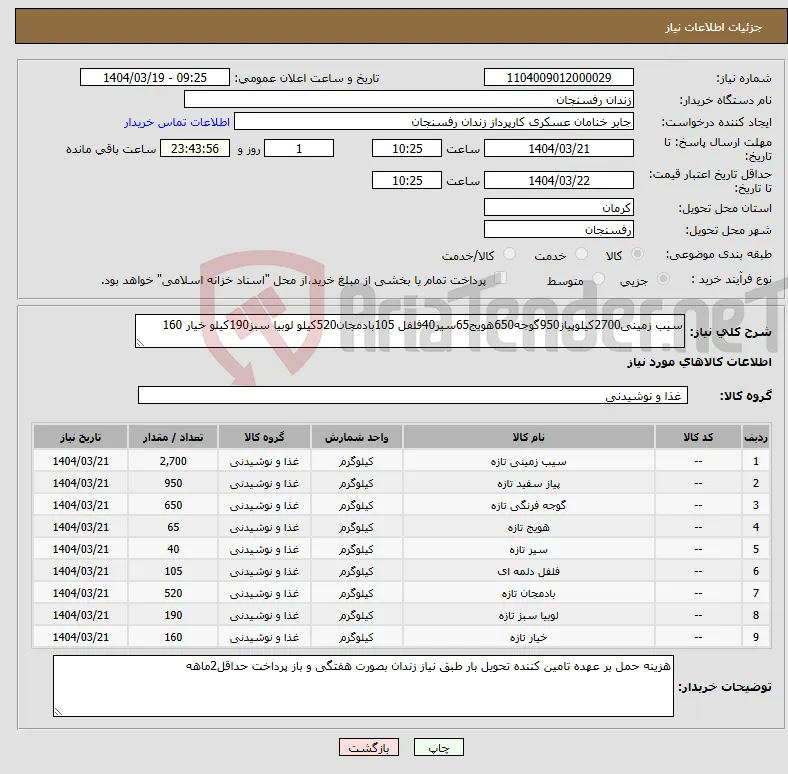 نیاز انتخاب تامین کننده-سیب زمینی2700کیلوپیاز950گوجه650هویج65سیر40فلفل 105بادمجان520کیلو لوبیا سبز190کیلو خیار 160