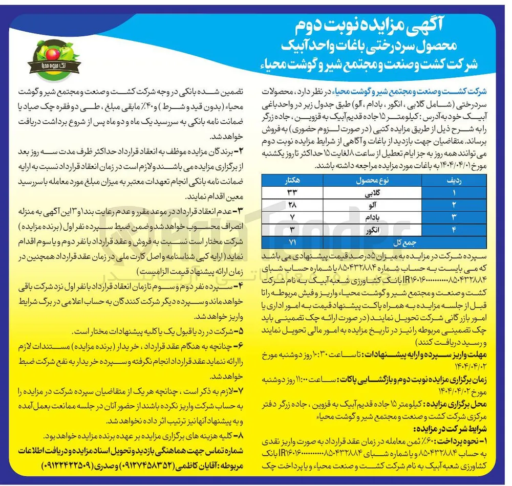 فروش محصولات سر درختی شامل گلابی ، انگور ، بادام ، آلو
