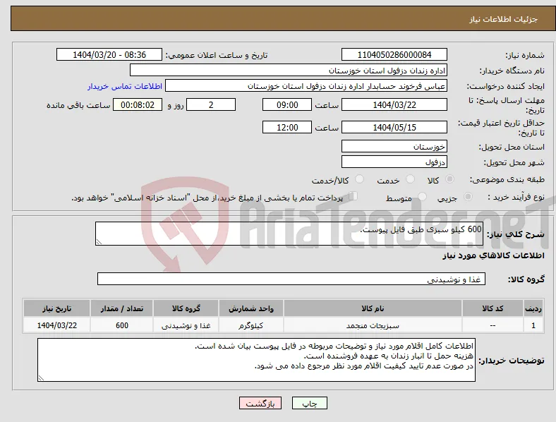نیاز انتخاب تامین کننده-600 کیلو سبزی طبق فایل پیوست.