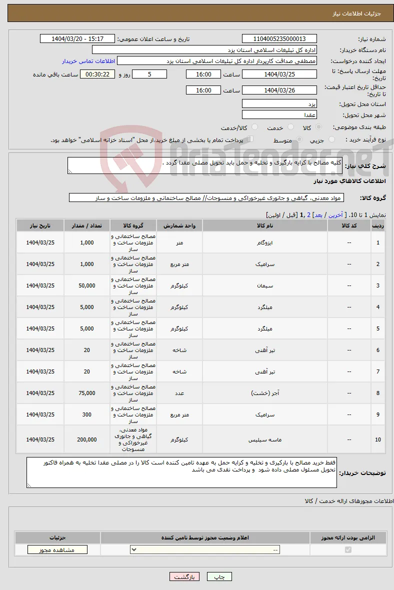 نیاز انتخاب تامین کننده-کلیه مصالح با کرایه بارگیری و تخلیه و حمل باید تحویل مصلی عقدا گردد .