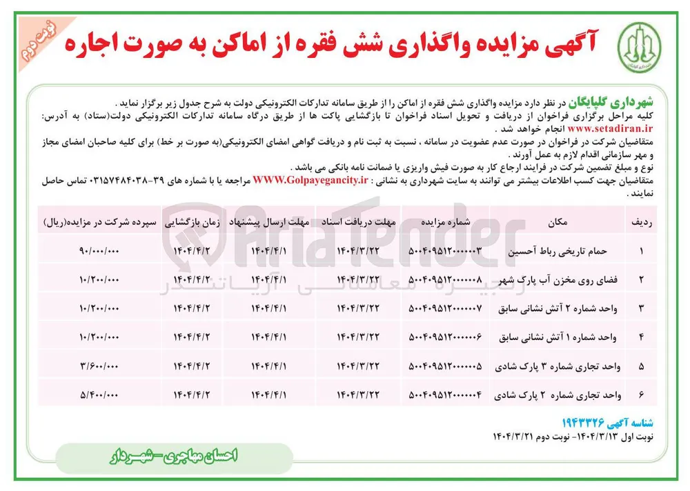 اجاره واحد شماره ۱ آتش نشانی سابق