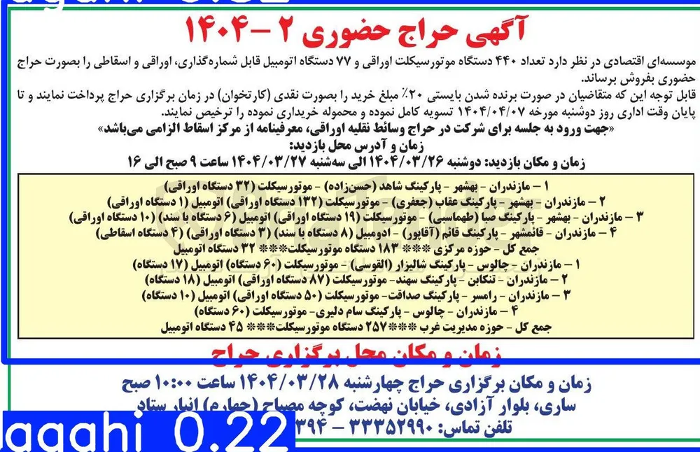 فروش تعداد ۴۴۰ دستگاه موتور سیکلت اوراقی و ۷۷ دستگاه اتومبیل قابل شماره گذاری اوراقی و اسقاطی