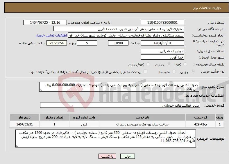 نیاز انتخاب تامین کننده-جدول کشی روستای قورتلوجه سفلی (مدارک به پیوست می باشد) موجودی دهیاری 8،000،000،000 ریال می باشد.