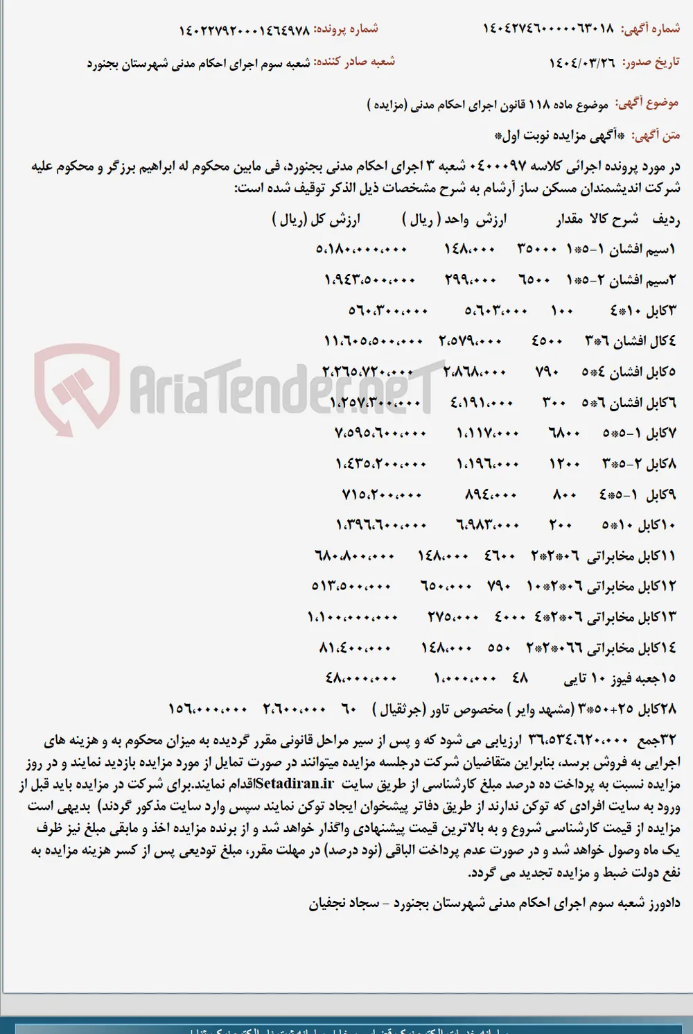 موضوع ماده 118 قانون اجرای احکام مدنی (مزایده )