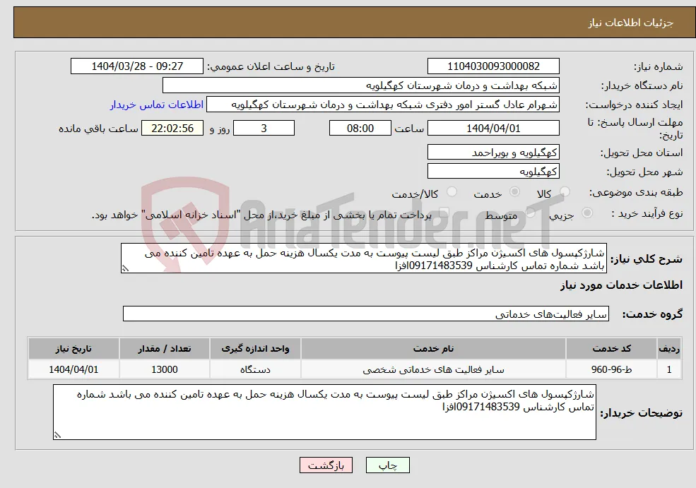 نیاز انتخاب تامین کننده-شارژکپسول های اکسیژن مراکز طبق لیست پیوست به مدت یکسال هزینه حمل به عهده تامین کننده می باشد شماره تماس کارشناس 09171483539افزا
