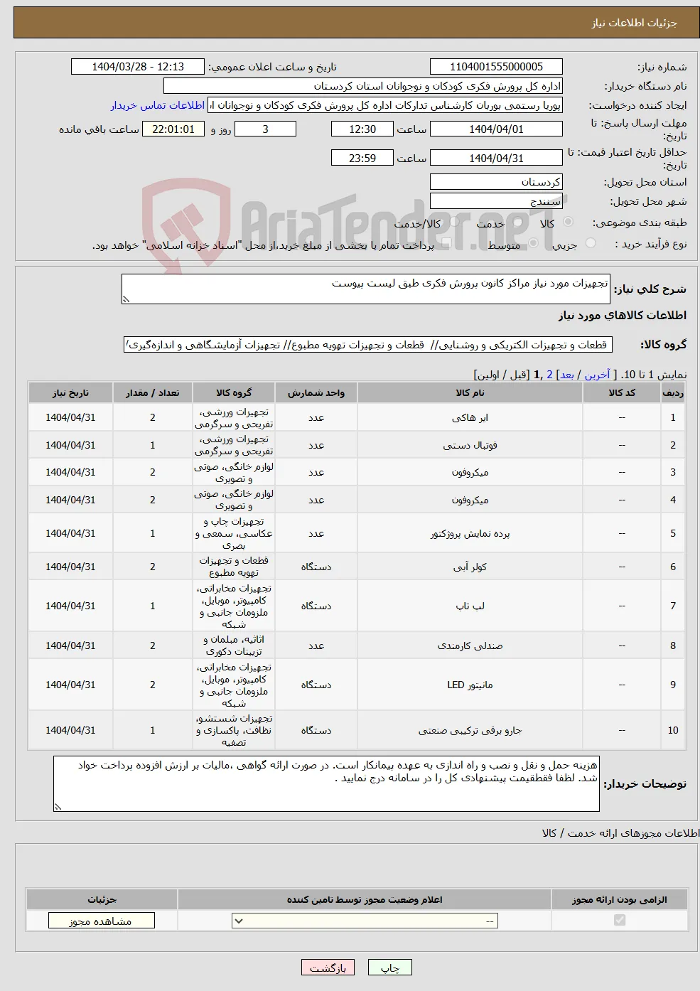 نیاز انتخاب تامین کننده-تجهیزات مورد نیاز مراکز کانون پرورش فکری طبق لیست پیوست