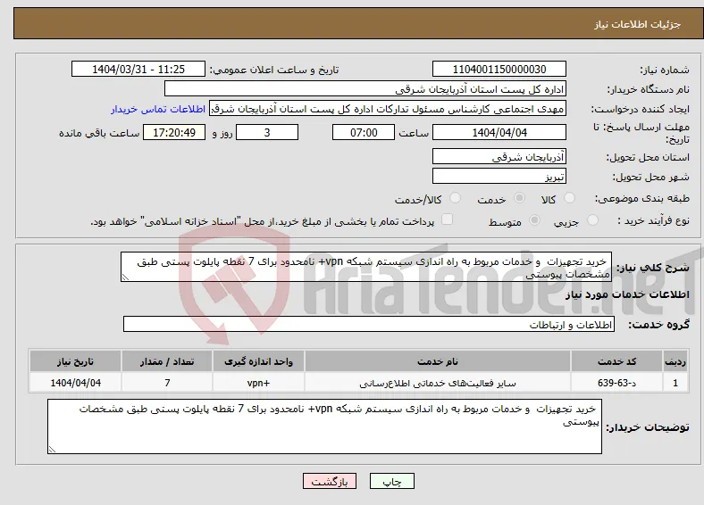 نیاز انتخاب تامین کننده- خرید تجهیزات و خدمات مربوط به راه اندازی سیستم شبکه vpn+ نامحدود برای 7 نقطه پایلوت پستی طبق مشخصات پیوستی 