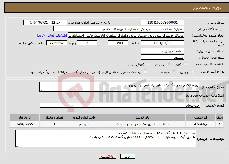 نیاز انتخاب تامین کننده-زیرسازی و جدول گذاری معابر براساس دیتایل پیوست