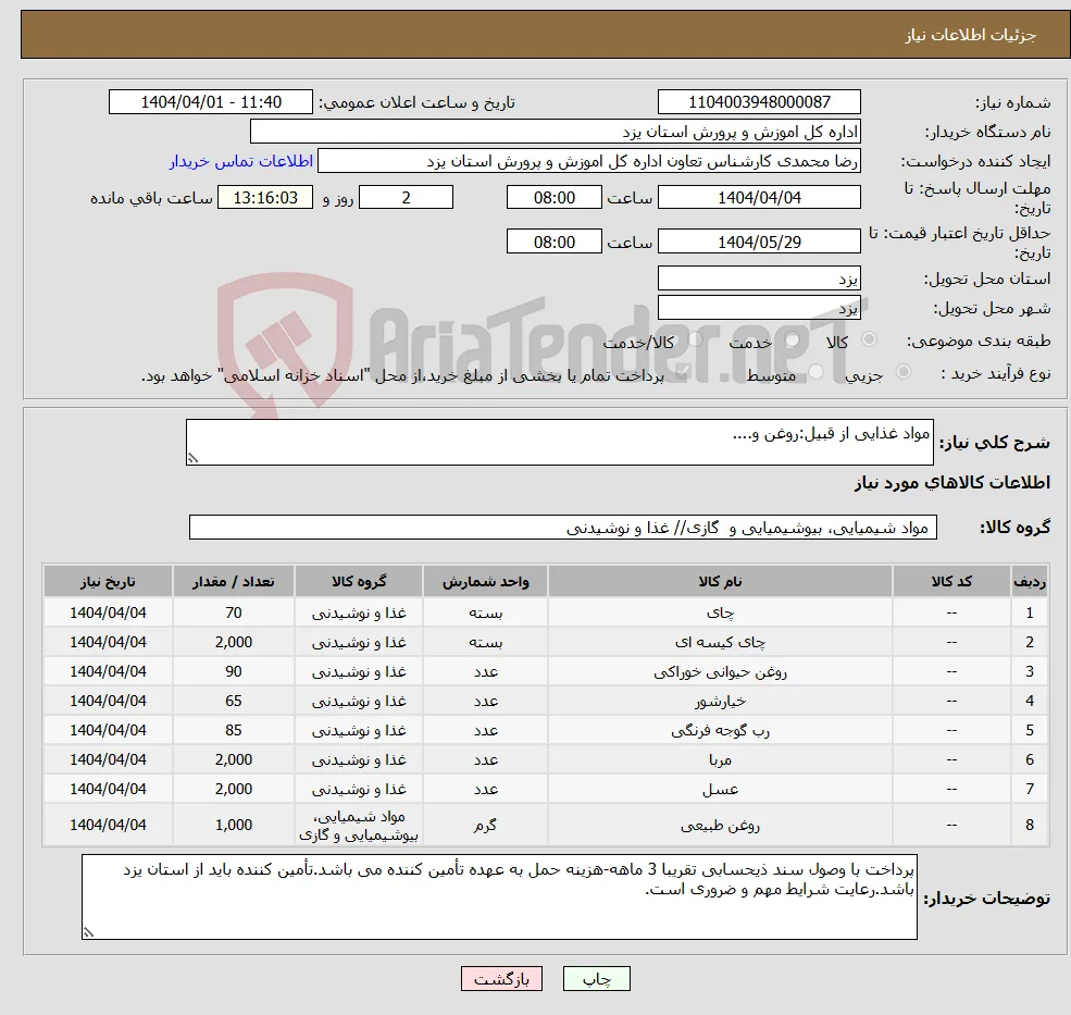 نیاز انتخاب تامین کننده-مواد غذایی از قبیل:روغن و....