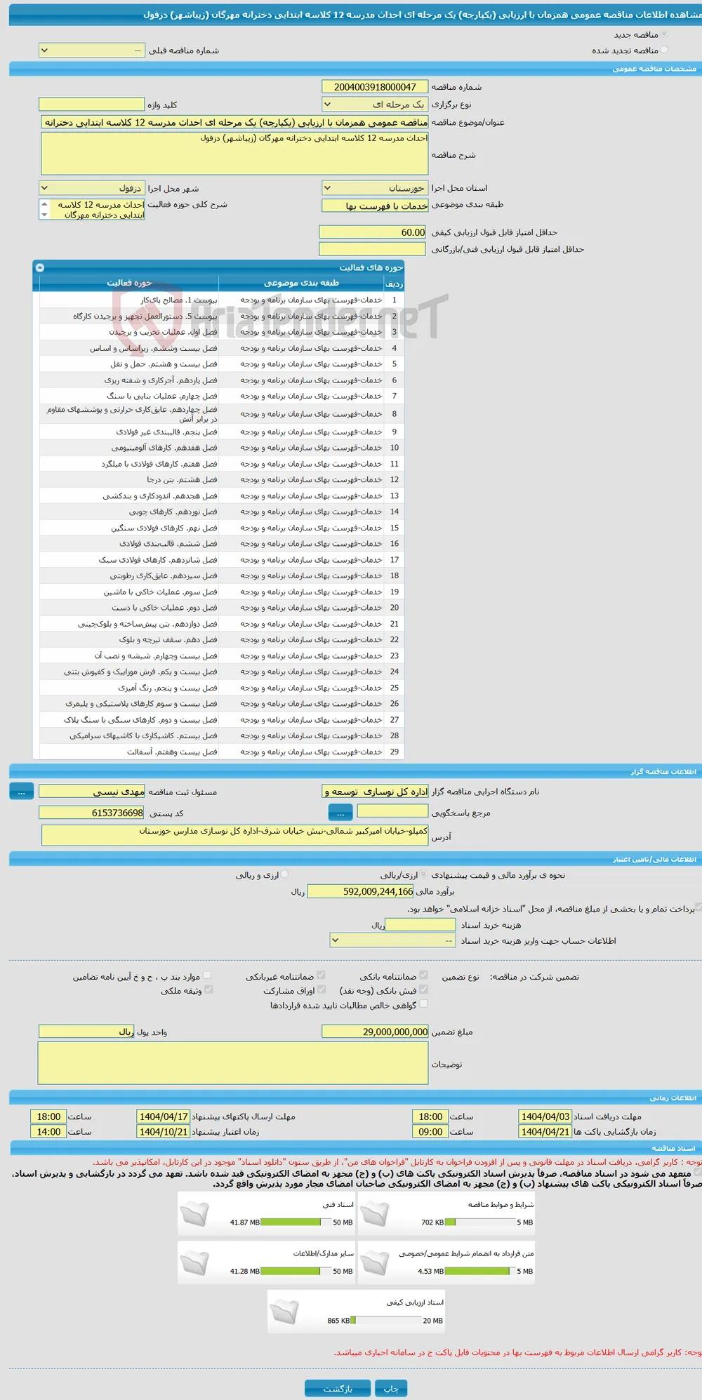 مناقصه عمومی همزمان با ارزیابی (یکپارچه) یک مرحله ای احداث مدرسه 12 کلاسه ابتدایی دخترانه مهرگان (زیباشهر) دزفول
