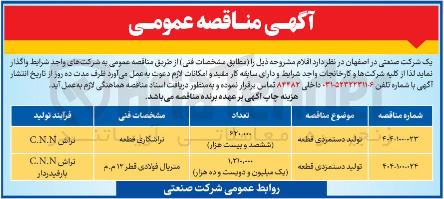 تولید دستمزدی قطعه به تعداد 1/210/000 عدد
