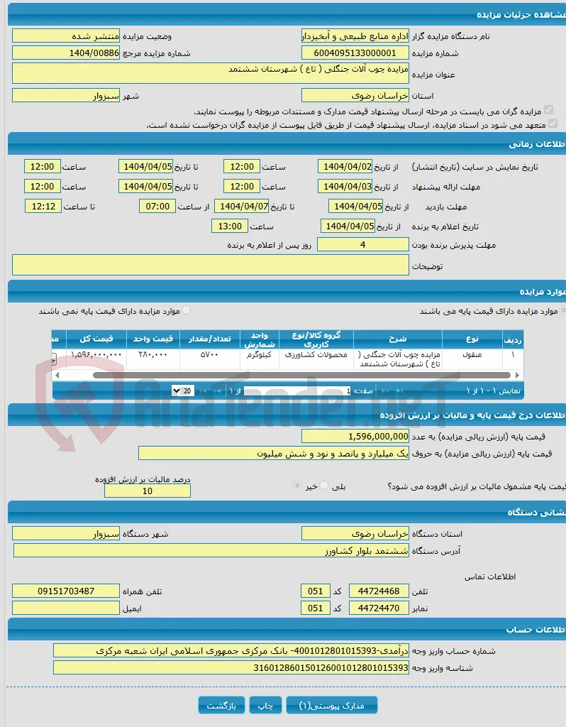 مزایده چوب آلات جنگلی ( تاغ ) شهرستان ششتمد 