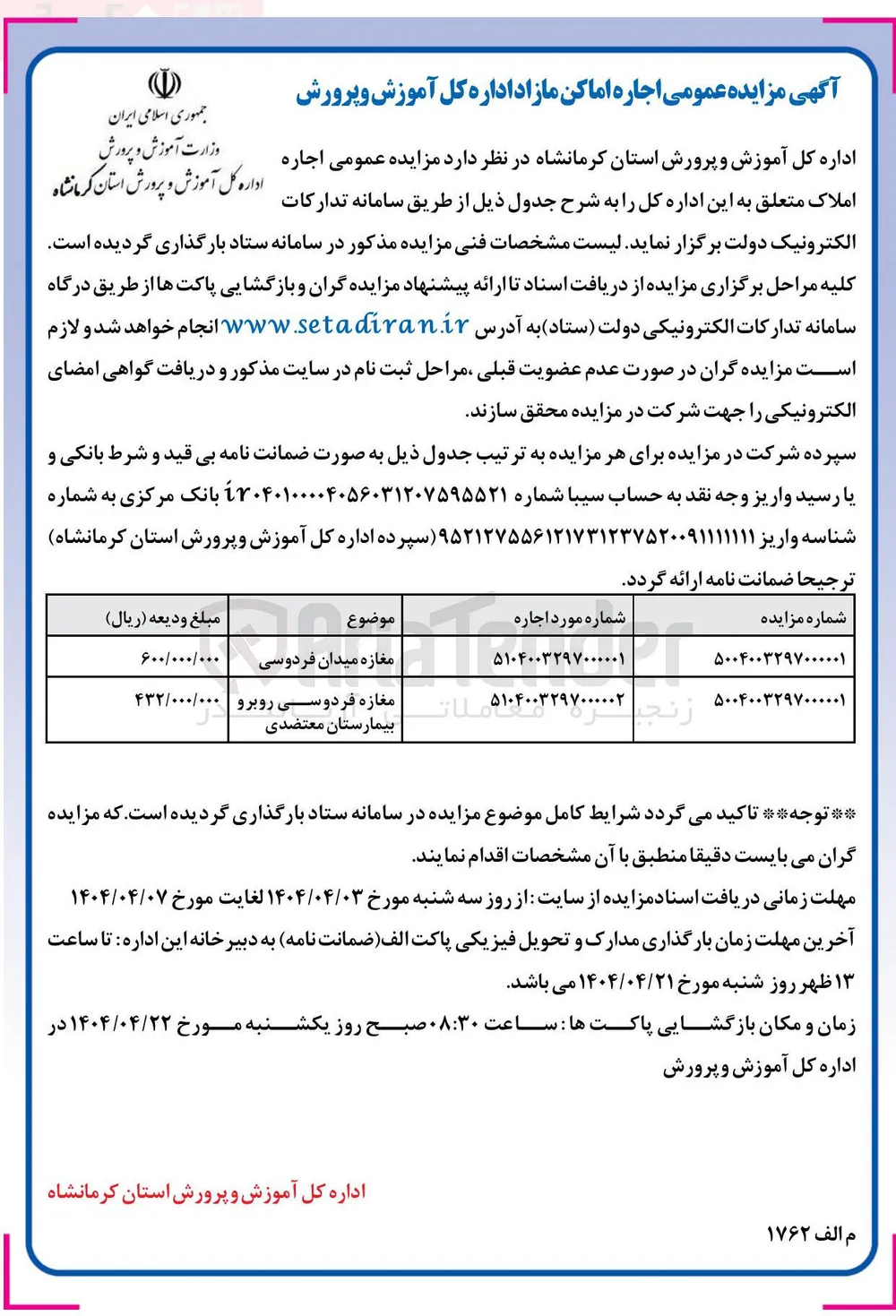 مزایده عمومی اجاره املاک
