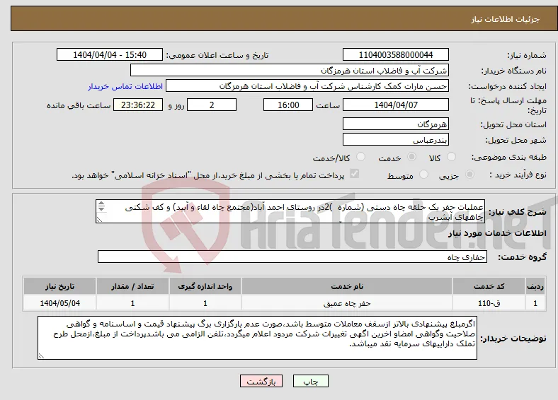 نیاز انتخاب تامین کننده-عملیات حفر یک حلقه چاه دستی (شماره )2در روستای احمد آباد(مجتمع چاه لقاء و آبید) و کف شکنی چاههای آبشرب دهستان بالا و پایین از شهرستان حاجی آباد
