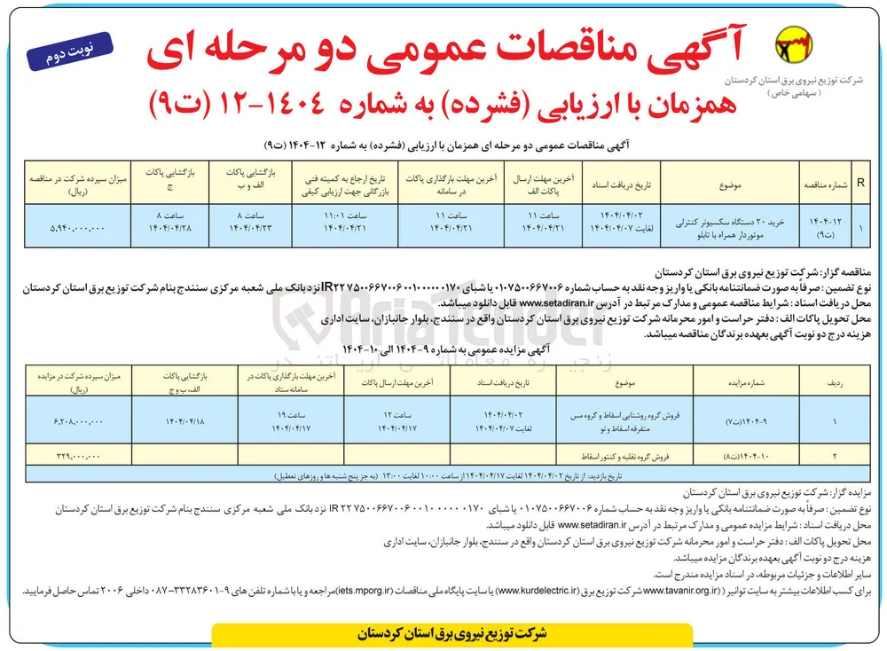 خرید ۲۰ دستگاه سکسیونر کنترلی موتور دار همراه تابلو