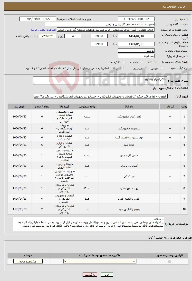 نیاز انتخاب تامین کننده-اقلام اینوتر وشارژر