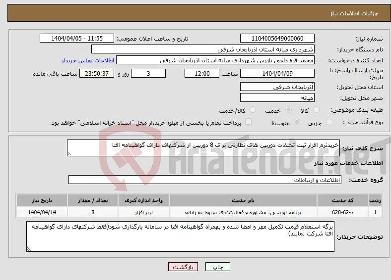نیاز انتخاب تامین کننده-خریدنرم افزار ثبت تخلفات دوربین های نظارتی برای 8 دوربین از شرکتهای دارای گواهینامه افتا