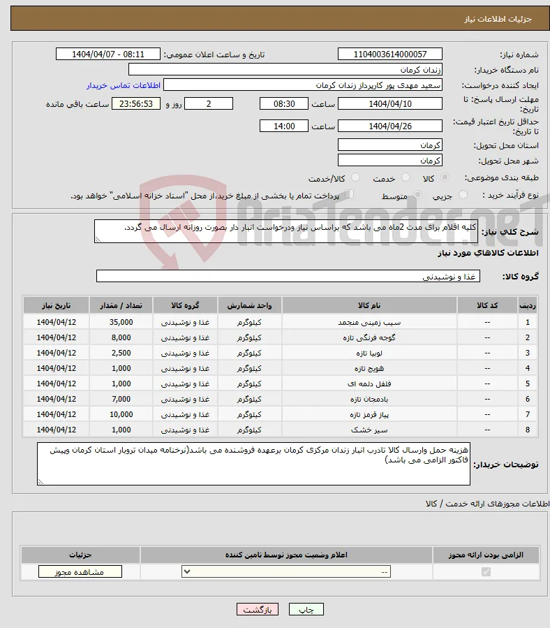 نیاز انتخاب تامین کننده-کلیه اقلام برای مدت 2ماه می باشد که براساس نیاز ودرخواست انبار دار بصورت روزانه ارسال می گردد.