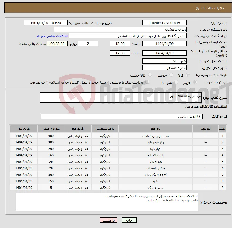 نیاز انتخاب تامین کننده-تره بار زندان ماهشهر