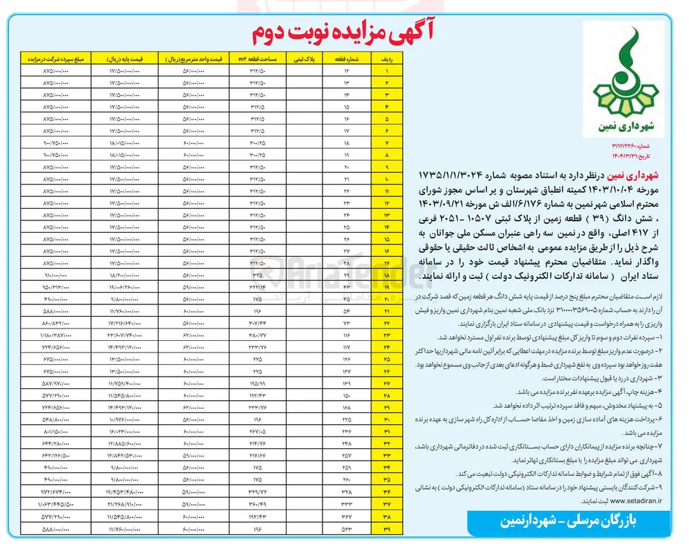فروش شش دانگ ( ۳۹ ) قطعه زمین از پلاک ثبتی ۱۰۵۰۷ - ۲۰۵۱ فرعی از ۴۱۷ اصلی