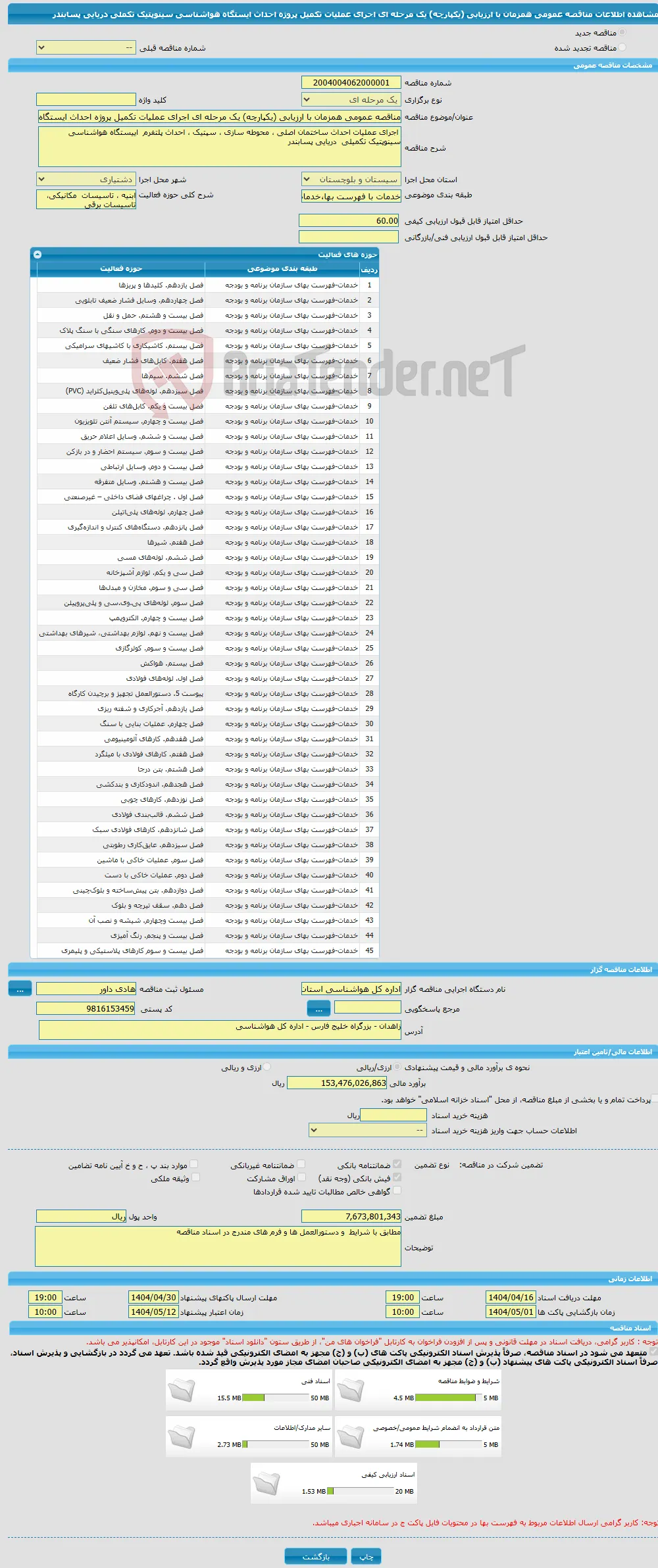 مناقصه عمومی همزمان با ارزیابی (یکپارچه) یک مرحله ای اجرای عملیات تکمیل پروژه احداث ایستگاه هواشناسی سینوپتیک تکملی دریایی پسابندر