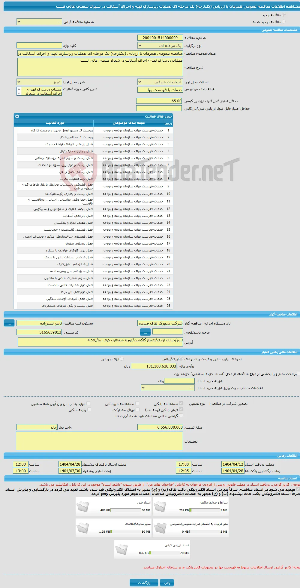 مناقصه عمومی همزمان با ارزیابی (یکپارچه) یک مرحله ای عملیات زیرسازی تهیه و اجرای آسفالت در شهرک صنعتی عالی نسب 