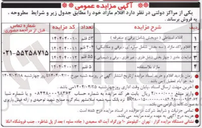 فروش 53 قلم از اقلام اسقاطی (دوبخش شامل برقی و متفرقه)