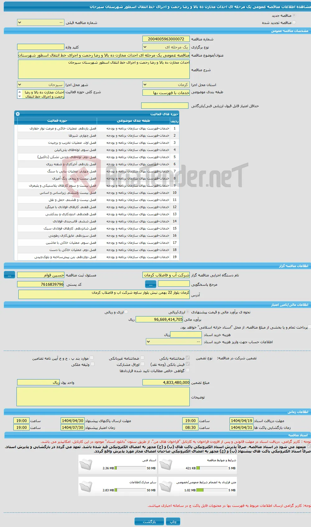 مناقصه عمومی یک مرحله ای احداث مخازن ده بالا و رضا رحمت و اجرای خط انتقال اسطور شهرستان سیرجان