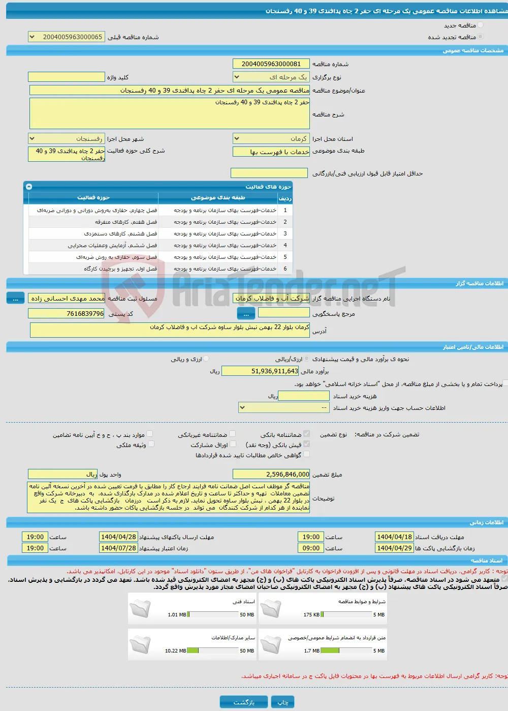 مناقصه عمومی یک مرحله ای حفر 2 چاه پدافندی 39 و 40 رفسنجان