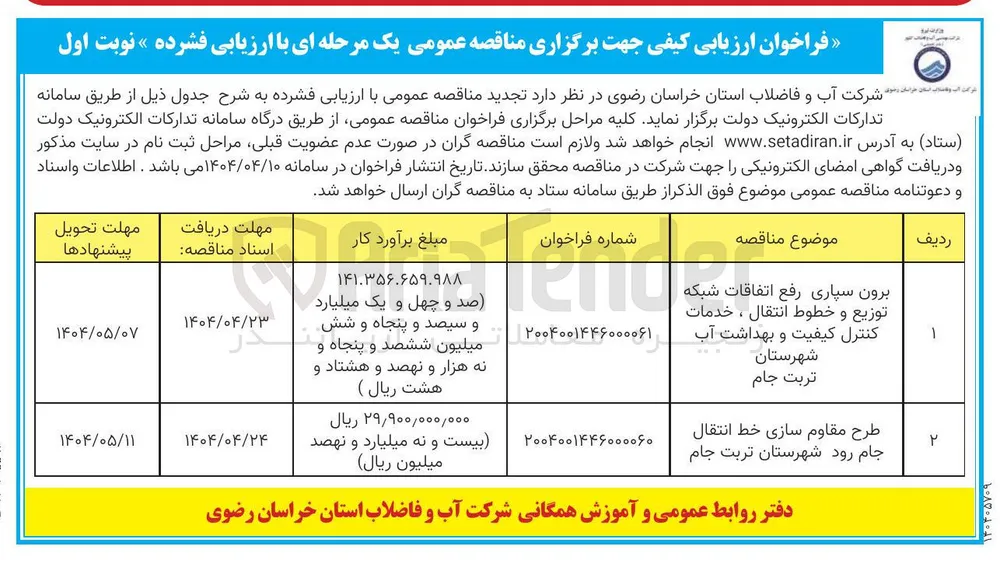 برون سپاری رفع اتفاقات شبکه توزیع و خطوط انتقال ، خدمات کنترل کیفیت و بهداشت آب