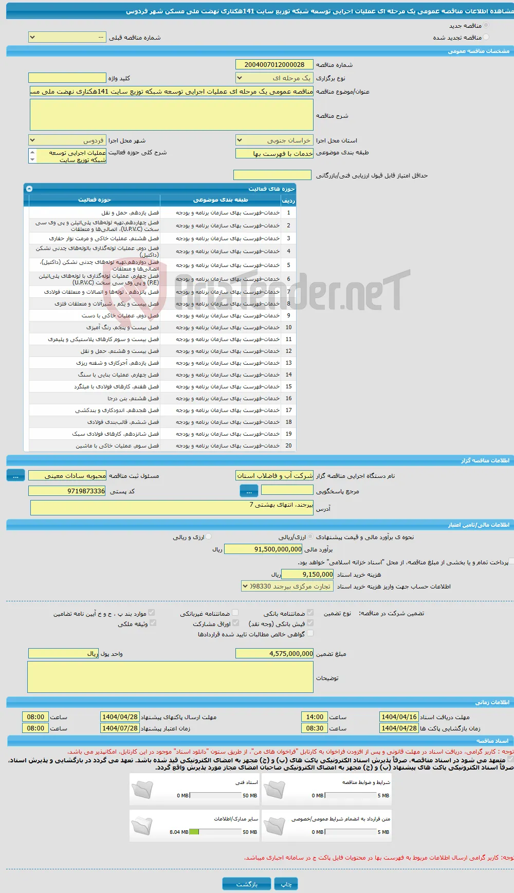 مناقصه عمومی یک مرحله ای عملیات اجرایی توسعه شبکه توزیع سایت 141هکتاری نهضت ملی مسکن شهر فردوس