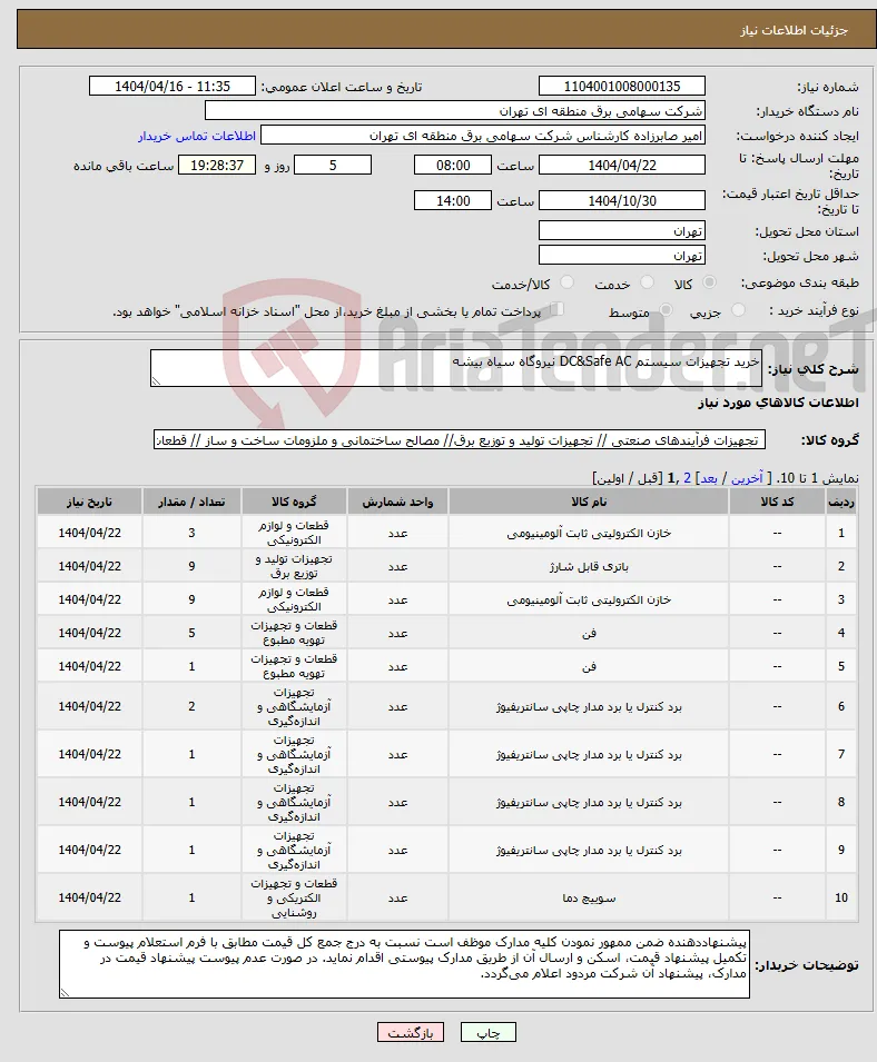 نیاز انتخاب تامین کننده-خرید تجهیزات سیستم DC&Safe AC نیروگاه سیاه بیشه