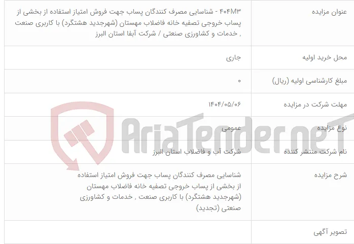 404M3 - شناسایی مصرف کنندگان پساب جهت فروش امتیاز استفاده از بخشی از پساب خروجی تصفیه خانه فاضلاب مهستان (شهرجدید هشتگرد) با کاربری صنعت , خدمات و کشاورزی صنعتی / شرکت آبفا استان البرز