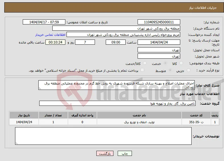 نیاز انتخاب تامین کننده-اجرای عملیات اصلاح و بهینه سازی شبکه فرسوده شهری به روش خط گرم در محدوده عملیاتی منطقه برق رودکی