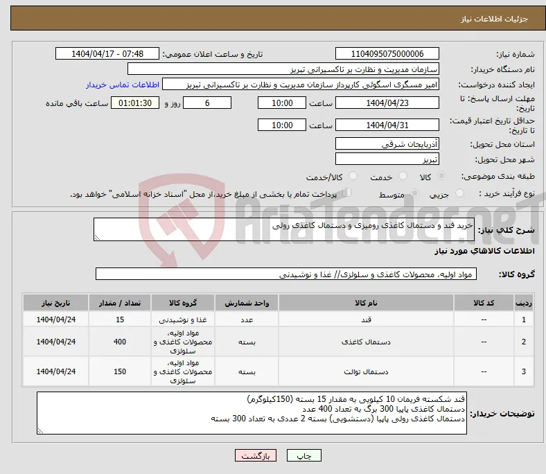 نیاز انتخاب تامین کننده-خرید قند و دستمال کاغذی رومیزی و دستمال کاغذی رولی
