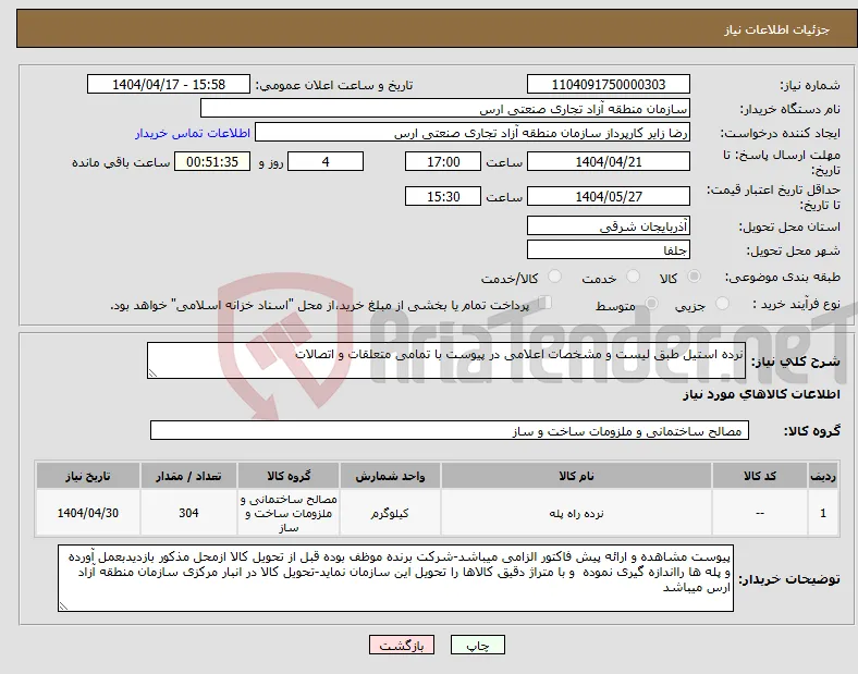 نیاز انتخاب تامین کننده-نرده استیل طبق لیست و مشخصات اعلامی در پیوست با تمامی متعلقات و اتصالات