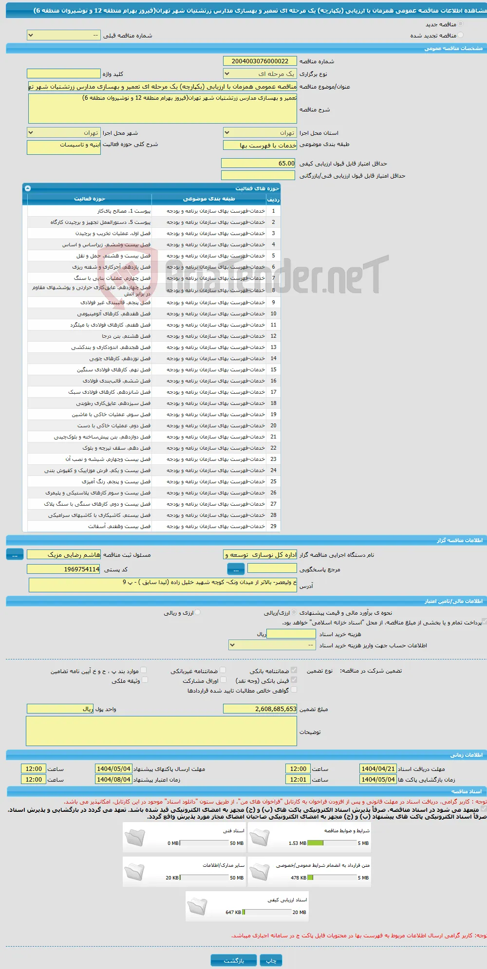 مناقصه عمومی همزمان با ارزیابی (یکپارچه) یک مرحله ای تعمیر و بهسازی مدارس زرتشتیان شهر تهران(فیروز بهرام منطقه 12 و نوشیروان منطقه 6)