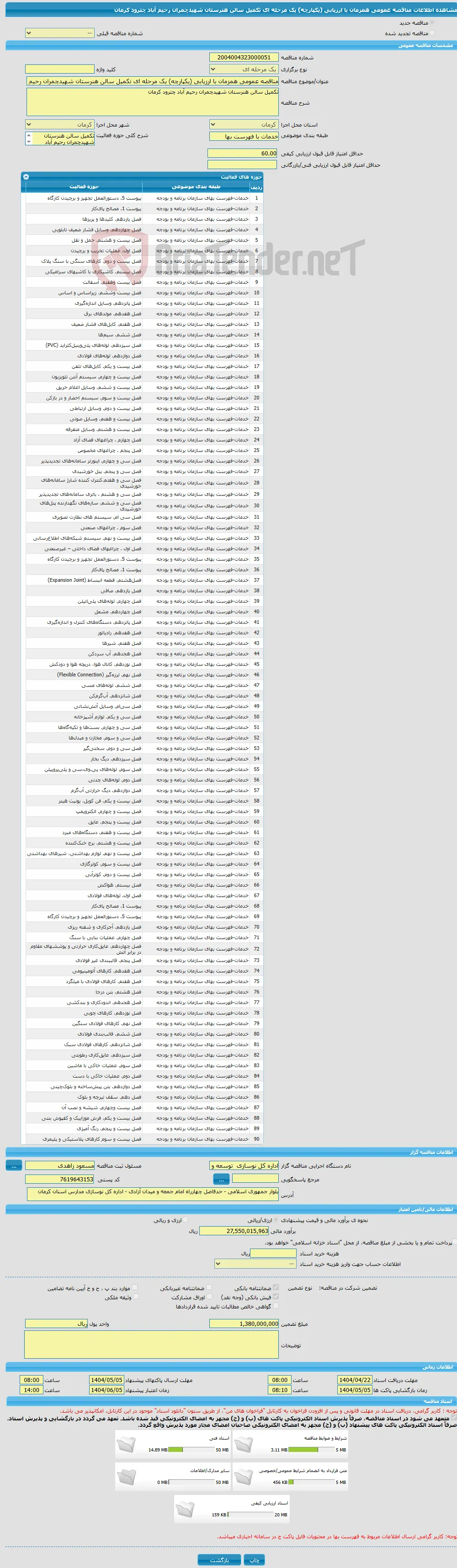 مناقصه عمومی همزمان با ارزیابی (یکپارچه) یک مرحله ای تکمیل سالن هنرستان شهیدچمران رحیم آباد چترود کرمان