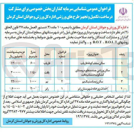 شناسایی سرمایه گذاران بخش خصوصی برای مشارکت در ساخت ، تکمیل و تجهیز طرح ورزشی سالن ژیمناستیک به روش های B.O.T و B.O.L.T
